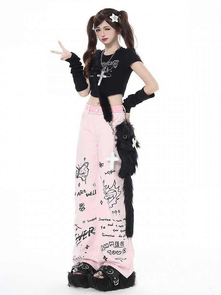 Graffiti Design Pink High Waist Wide-leg Jeans