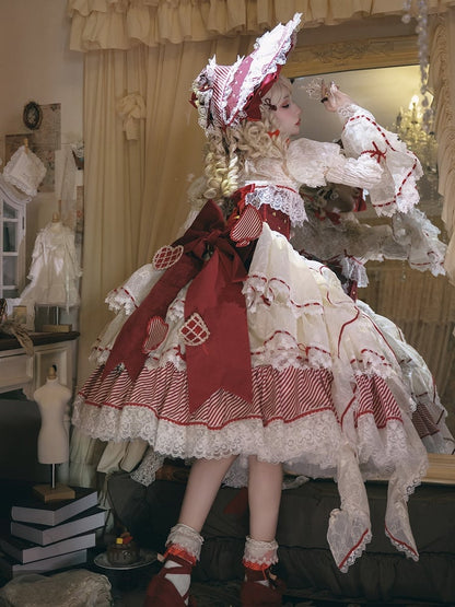 Red Queen Hime Lolita Red Bow Accents Boned Corset Top + Tiered Skirt