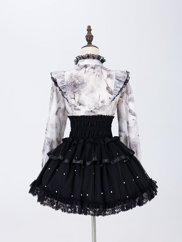 Allover Bead Black High Waist Jirai Kei Skirt with Lace Up and Shirring Waist