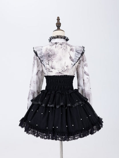 Allover Bead Black High Waist Jirai Kei Skirt with Lace Up and Shirring Waist