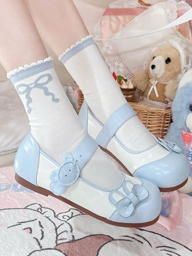 Blue Bunny Ear Bowknot Decorated Bear Buckle Flats