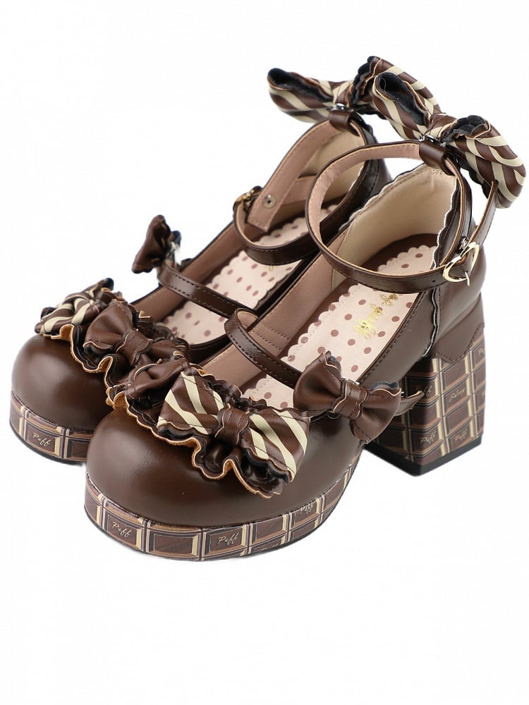 Dark Brown Striped Bowknot Details Heart Buckle Chocolate Platform High Block Heels Mary Janes