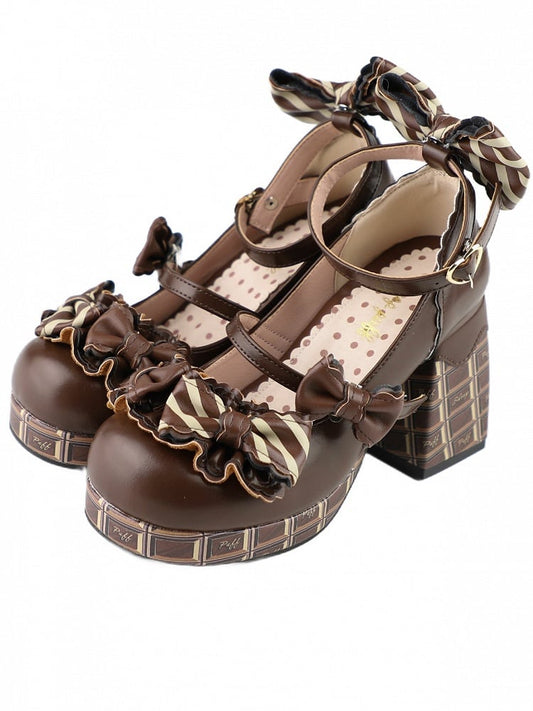 Dark Brown Striped Bowknot Details Heart Buckle Chocolate Platform High Block Heels Mary Janes