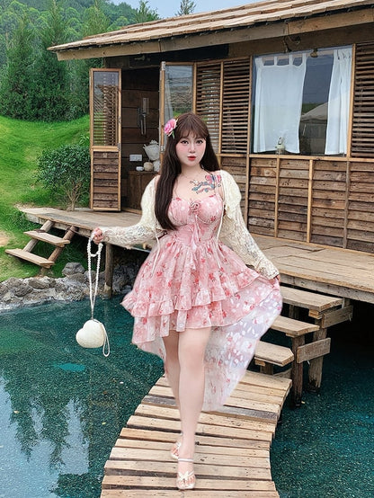 Plus Size Apricot Self-tie Straps Hollow-out Lace Top