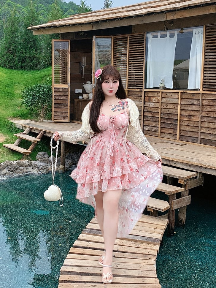 Plus Size Basque Waist Cascading Ruffle Pink Rosette Print Cami Dress High-low Skirt