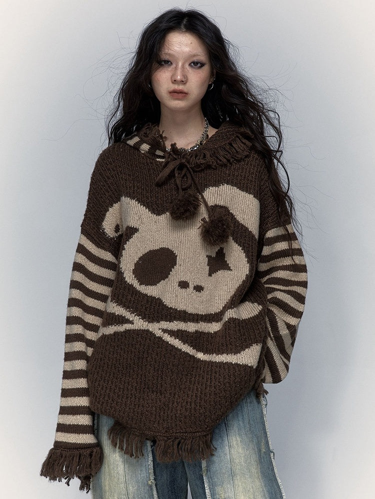 Khaki Skull Bunny Punk Loose Hooded Sweater with Striped Sleeves