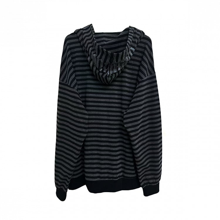 Black & Gray Stripes Zip-up Hooded Jacket for Autumn with Cross Chain Print