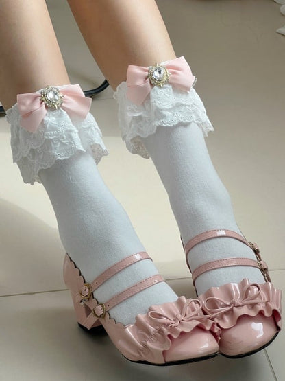 White Ruffled Cuff Jirai Kei Calf Socks With Pink/Blue/Purple/White/Black/Beige Bowknot Details
