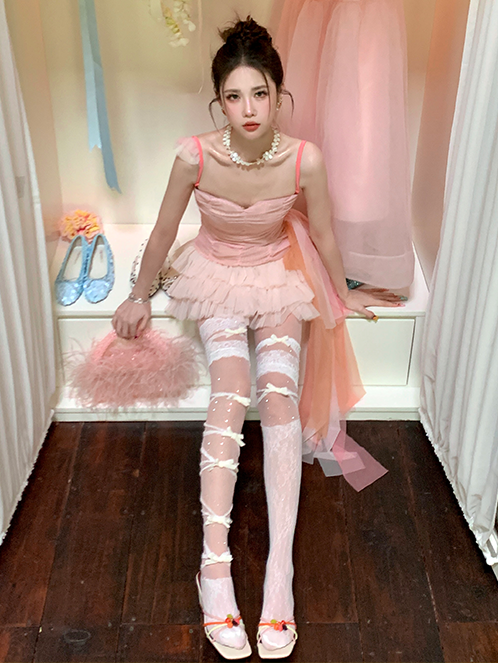 White/Pink/Blue/Purple/Grey/Black Asymmetrical Design Lace Trim Bowknot Overknee Stockings