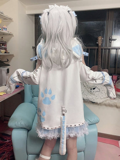 Skeleton Print Kitty Ears White Hoodie with Detachable Sleeves and Tail