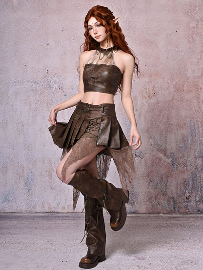 Dark Brown Wasteland Punk Halter Neck PU Butterfly Top