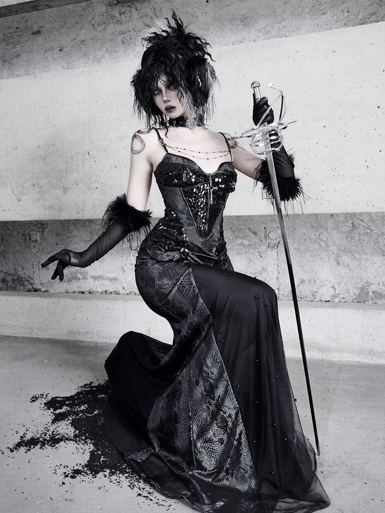 Black Victorian Bustier Bodice Spaghetti Straps Dress Evening Gown PU Leather Mermaid Dress