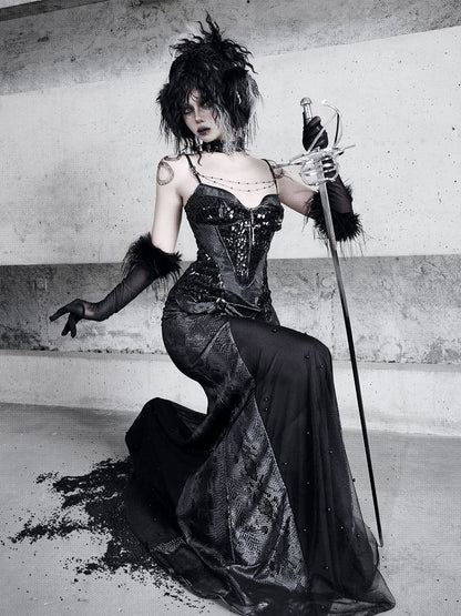 Black Victorian Bustier Bodice Spaghetti Straps Dress Evening Gown PU Leather Mermaid Dress