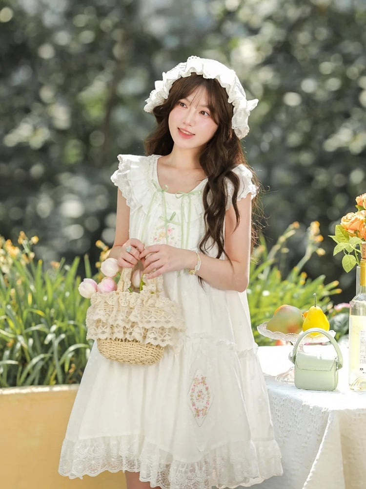 White Floral Embroidery Lace Trim Mori Kei Dress
