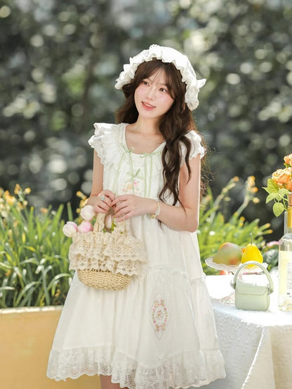 White Floral Embroidery Lace Trim Mori Kei Dress