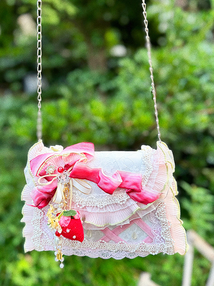 Light Pink Bow Accent Strawberry Charm Sweet Lolita Bag with Silver-toned Chain Strap