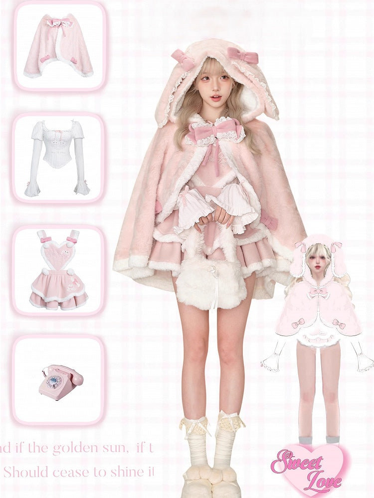 Sweet Plush Pink Bunny Ear Cape with Lace and Bow Accents