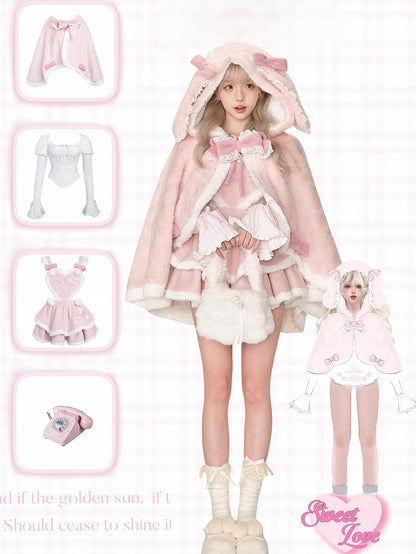 Sweet Plush Pink Bunny Ear Cape with Lace and Bow Accents