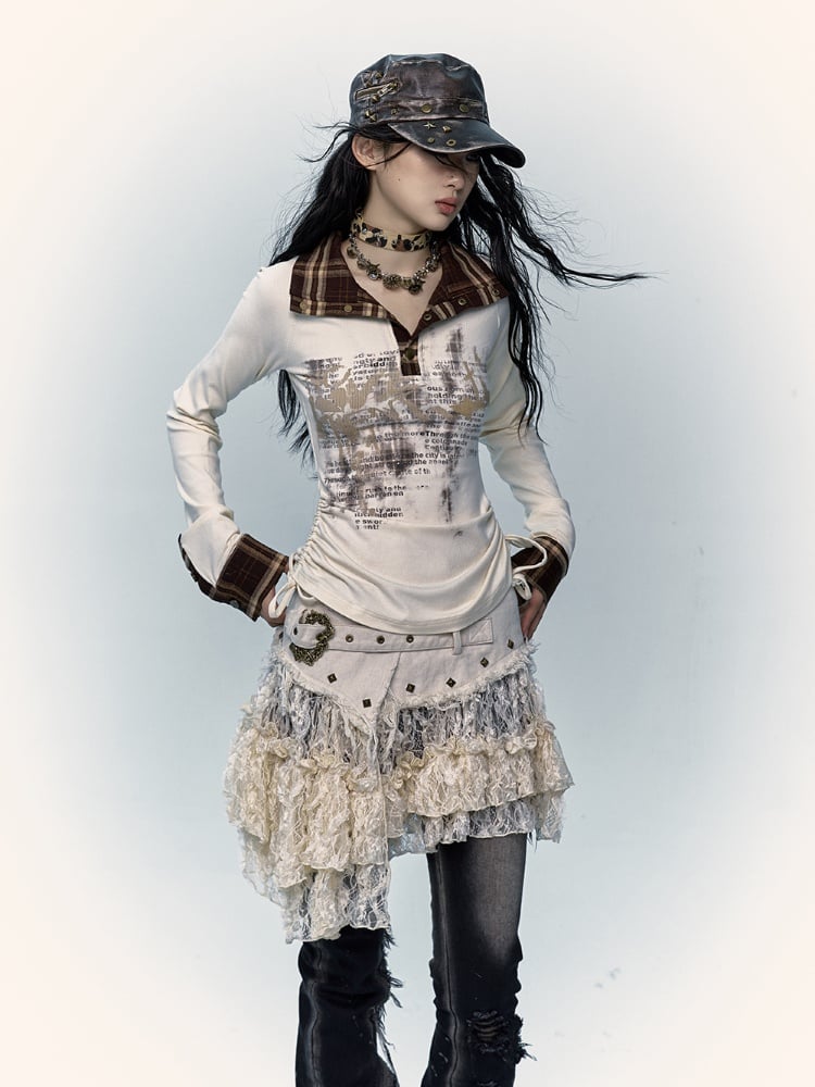 Beige Lace Asymmetrical Hem Skirt with Distressed Trim and Buckle Detail