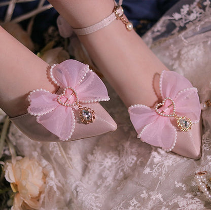 Pink Beaded Bowknot Accents Pointed Toe Hime Lolita Middle Heels