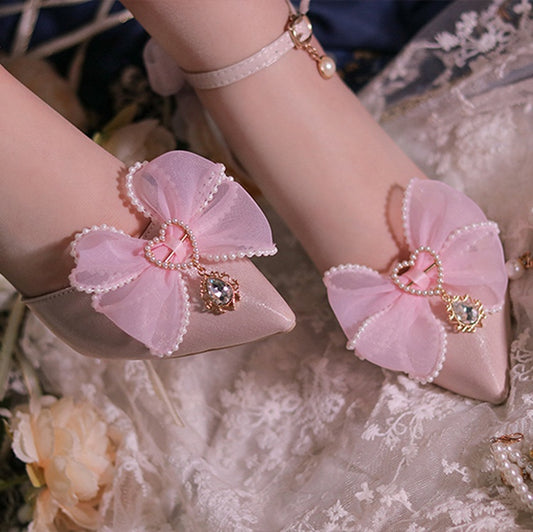 Pink Beaded Bowknot Accents Pointed Toe Hime Lolita Middle Heels