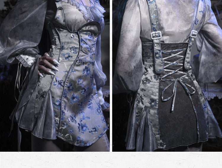 Dusty Blue Under Bust Floral Jacquard Corpse Bride Overall Dress