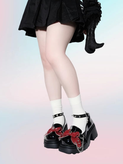Black&Red Punk Bowknot Decorated Butterfly Heart Buckles Studs Details Platforms