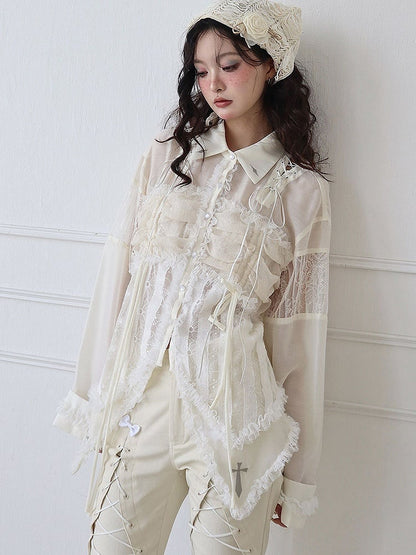 Lace-up Detail Beige Crosses Embroidery Chiffon Shirt Lace Trim