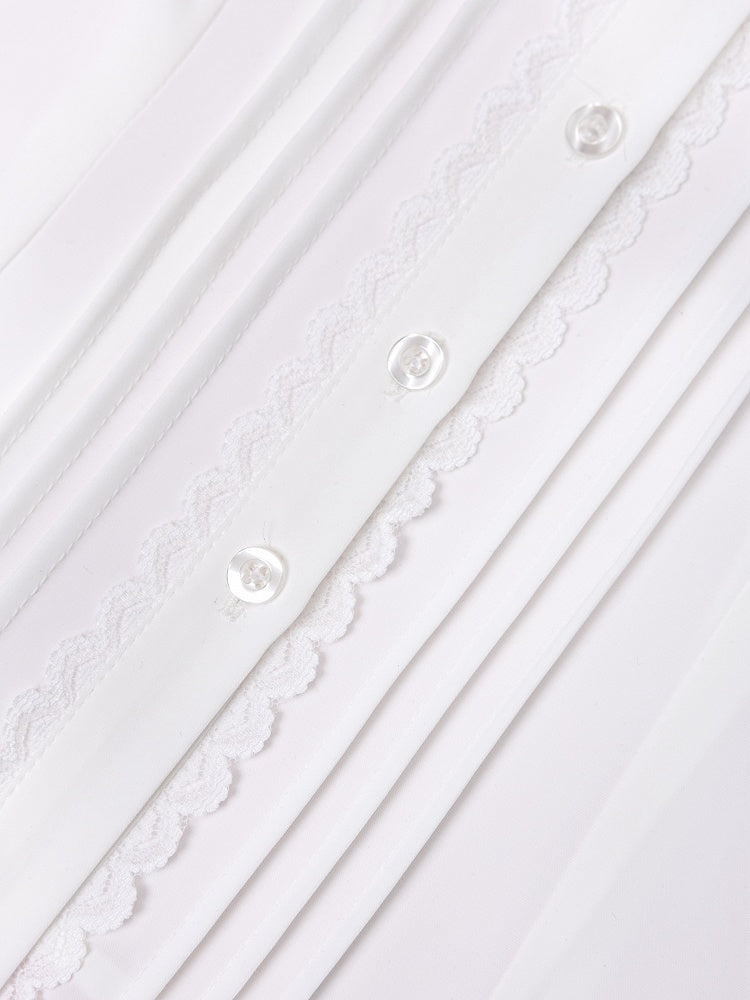 Sweet Ruffle White Shirt with Lace Placket and Flounce Sleeves