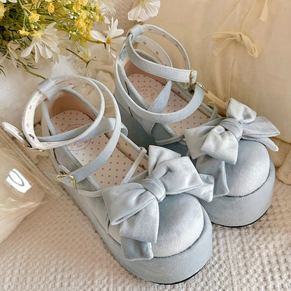 Platform Blue Sweet Mary Janes for Lolita with Bow Decor, Crossed Straps & Romantic Clasp