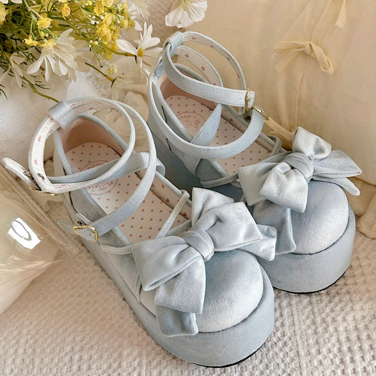 Platform Blue Sweet Mary Janes for Lolita with Bow Decor, Crossed Straps & Romantic Clasp