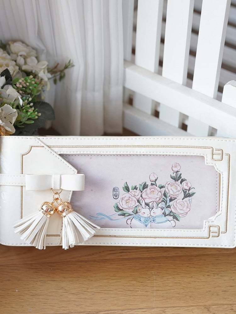 White PU Floral Pattern Cheongsam Style Ita Bag With Bow & Fringe Accent