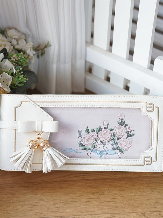 White PU Floral Pattern Cheongsam Style Ita Bag With Bow & Fringe Accent