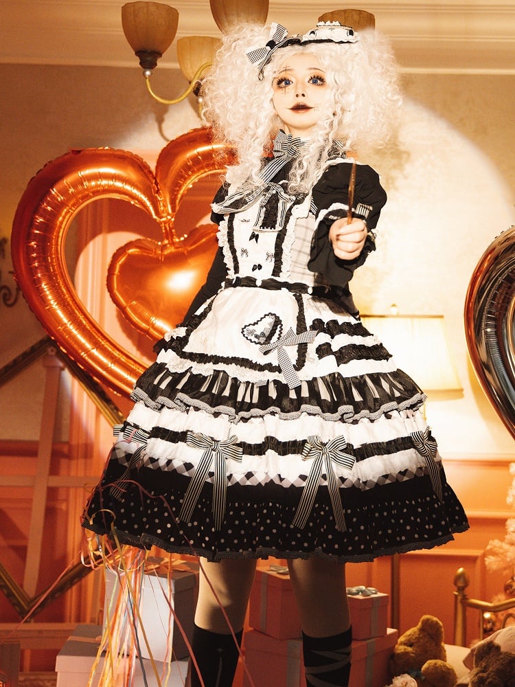 Black and White Oreo Cake Bow Accents Tiered Skirt Sweet Lolita JSK Full Set