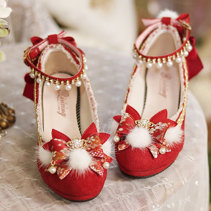 Red Bow Accents Cheongsam Style Lolita Block Heels