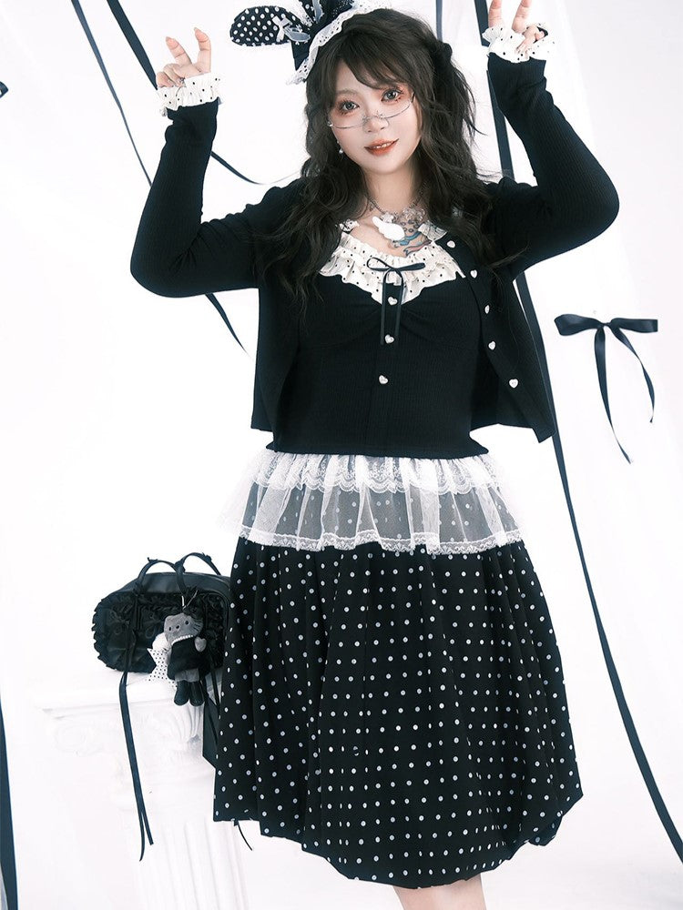 Plus Size Black Below-Knee Skirt with White Polka Dots & Side Zipper