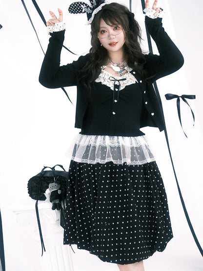 Plus Size Black Below-Knee Skirt with White Polka Dots & Side Zipper