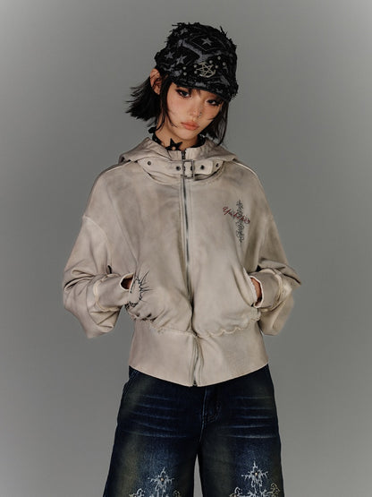 Wasteland Punk Apricot Buckle Strap Distressed Zip Closure Hoodie