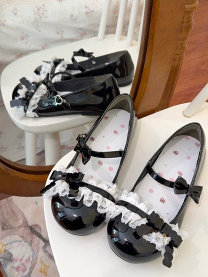 PU Leather Black Sweet Lolita Flats - Bow Accents, Decorative Heart Buckle & Hidden Snap