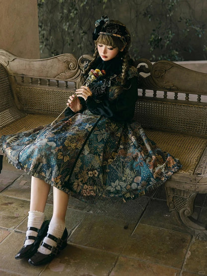 Green & Blue Floral Print Elegant Classic Lolita Dress with Lily Embroidery on the Chest