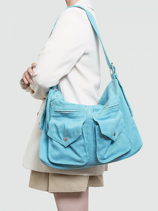 Vintage Blue Large-Capacity Corduroy Tote Bag With Adjustable Strap