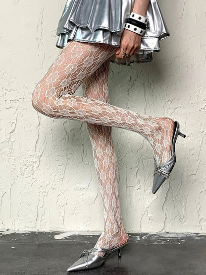 White Y2K Cut-out Design Floral Pattern Tights