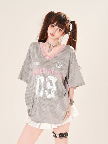 Gray/Dark Blue Number Print Hollow-out T-shirt V-neck Loose Top