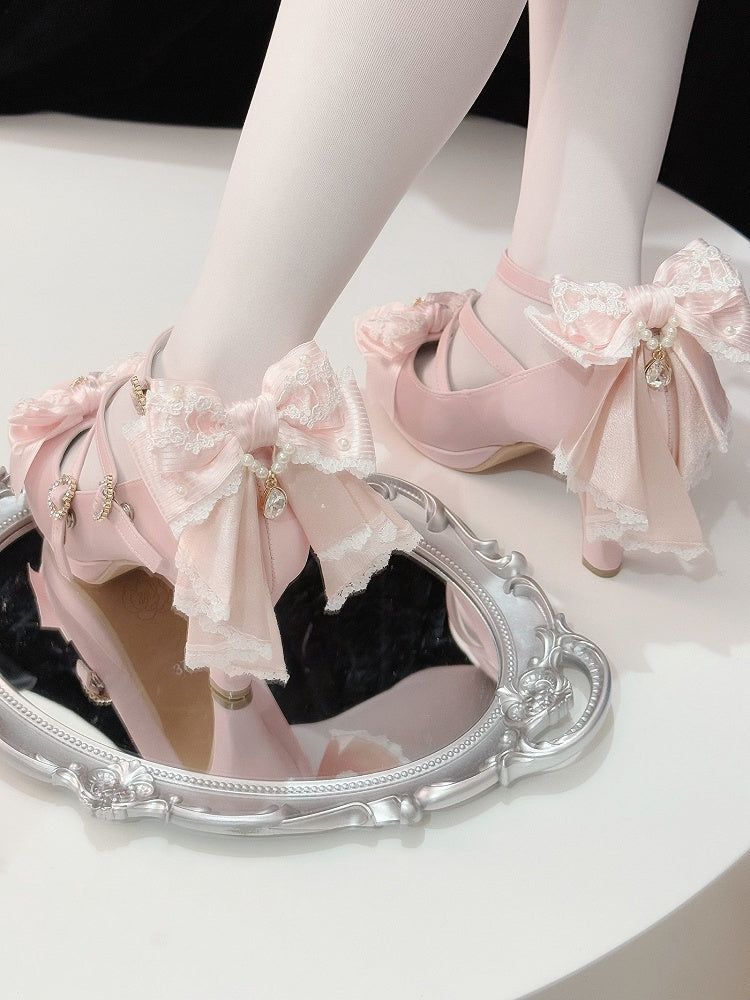 Pink Crisscross Design Heart Buckle Bow at Top High Heels