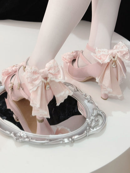 Pink Crisscross Design Heart Buckle Bow at Top High Heels