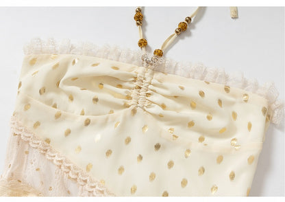 Beige/Black Halter Neck Lace Patches Waist Polka-dot Vintage Strapless Dress