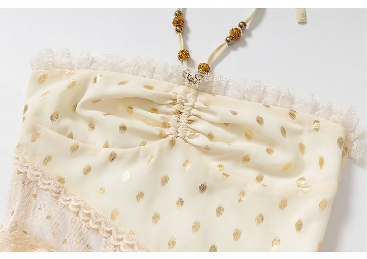 Beige/Black Halter Neck Lace Patches Waist Polka-dot Vintage Strapless Dress