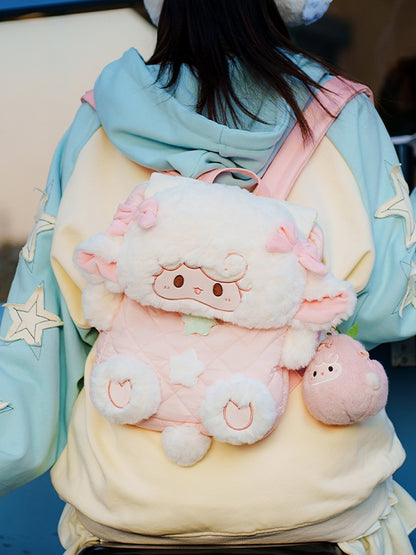 White&Pink Star And Bowknot Decorated Diamond Pattern Plush Lamb Flap Backpack