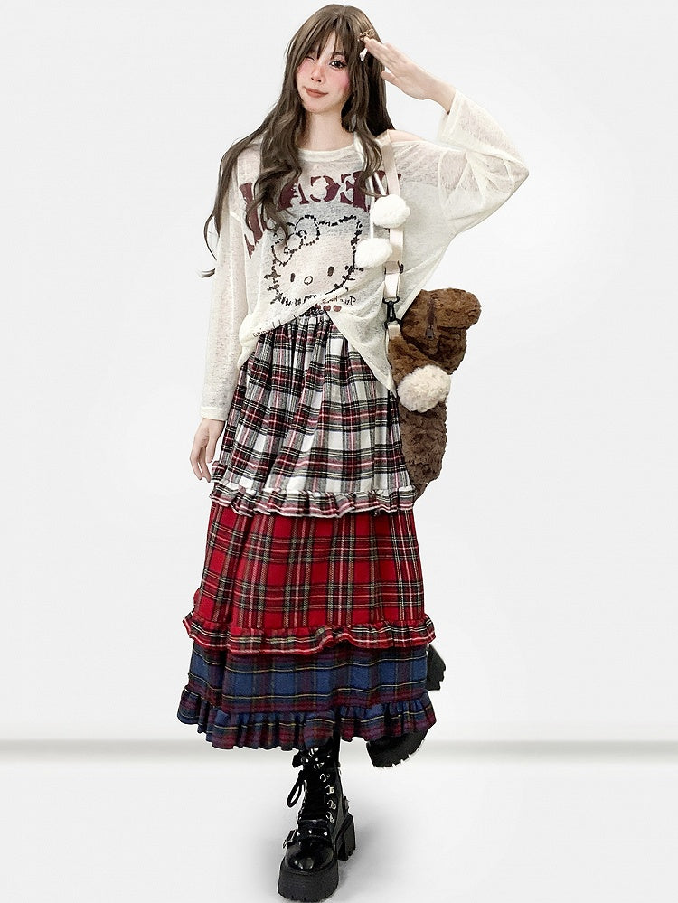 Red Christmas Plaid Pattern Tiered Ruffles Skirt