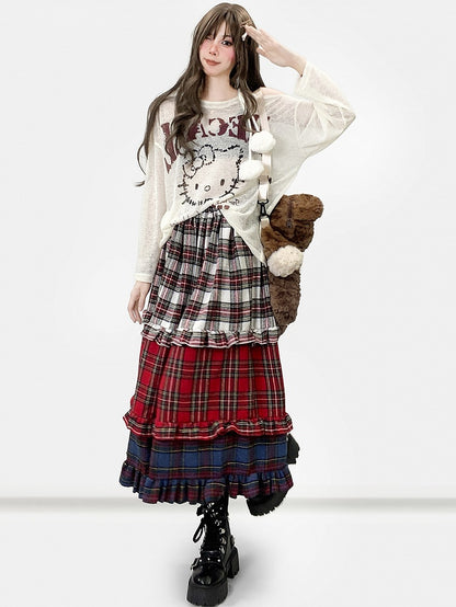 Red Christmas Plaid Pattern Tiered Ruffles Skirt